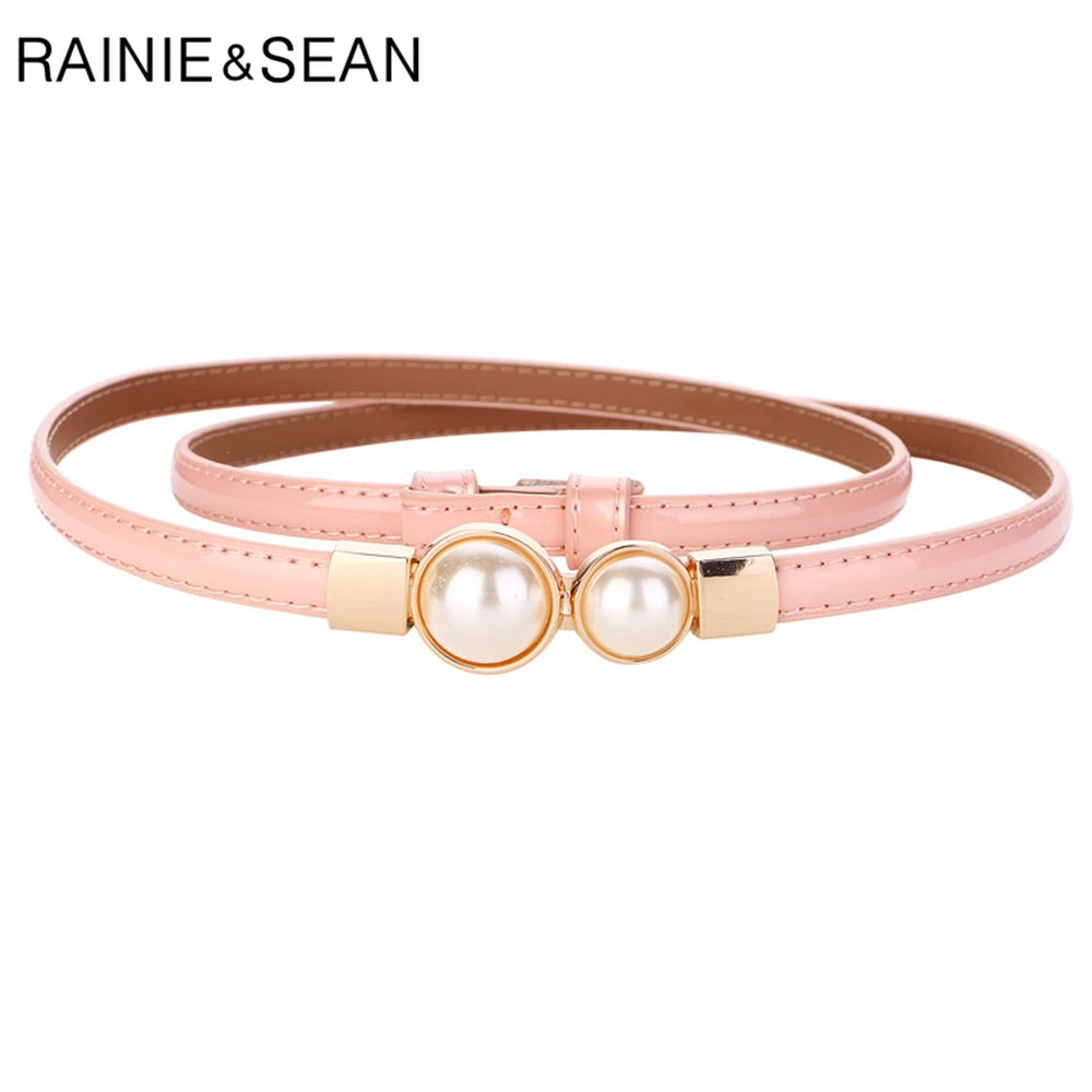 RAINIE SEAN Pink Ladies Belt for Dresses Real Leather Thin Women Belt Pearl Buckle Black Red Pink Gold Brand Female Waist Belt