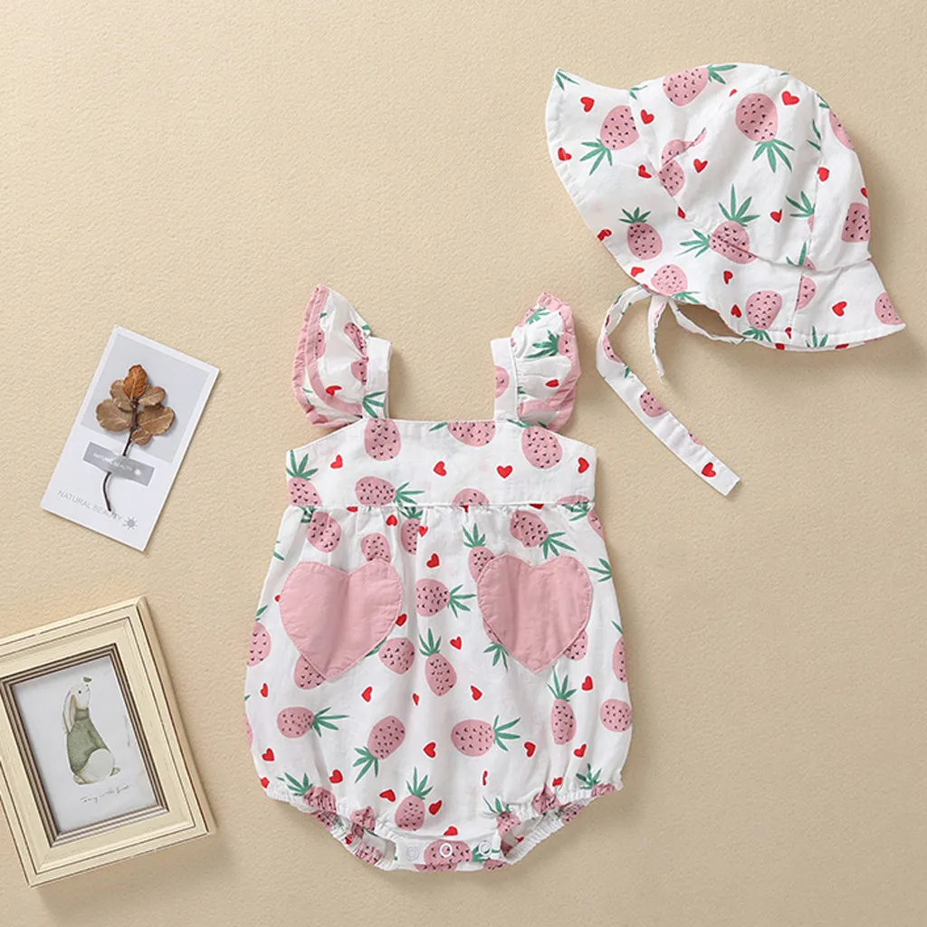 

Newborn Infant Baby Girls Straps Pineapple Print Romper Sunsuit Hat Bodysuit