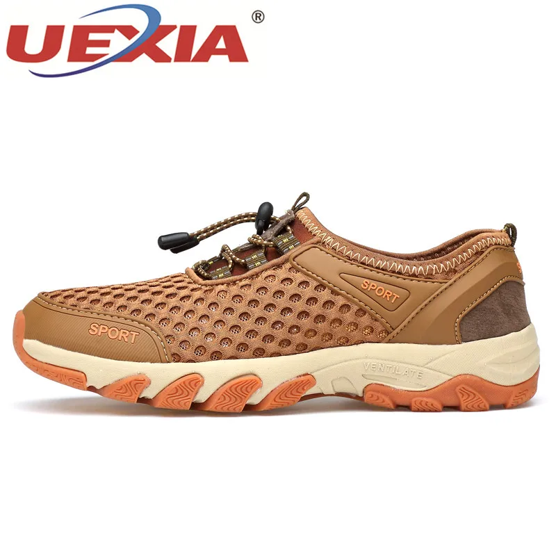 UEXIA Comfortable Men's Shoes Summer Walking Handmade Breathable Mesh Outdoor Sneakers For Spring Flats Comfortable Casual Shoe - Цвет: brown