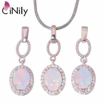 

CiNily Pink & White Fire Opal Luxury Jewelry Set Silver Plated Necklaces Dangle Pendants Drop Earrings With Stone Woman