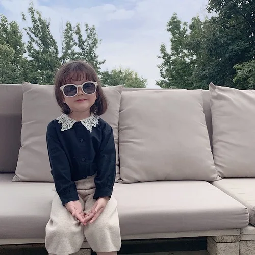 Girl Shirt Long Sleeve New Kids Spring and Autumn Pure Cotton Shirt Baby Lace Turn-collar Top Toddler Kids Blouses Clothing - Цвет: black