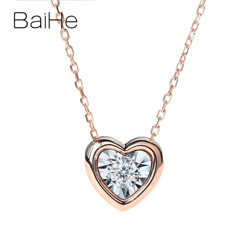 White Rose Gold BAIHE Solid 18K розовое Белое золото около 0.05ct H/SI круглый натуральный бриллиант женские трендовые ювелирные изделия с бриллиантами в форме сердца подарочные ожерелья - Цвет камня: White Rose Gold