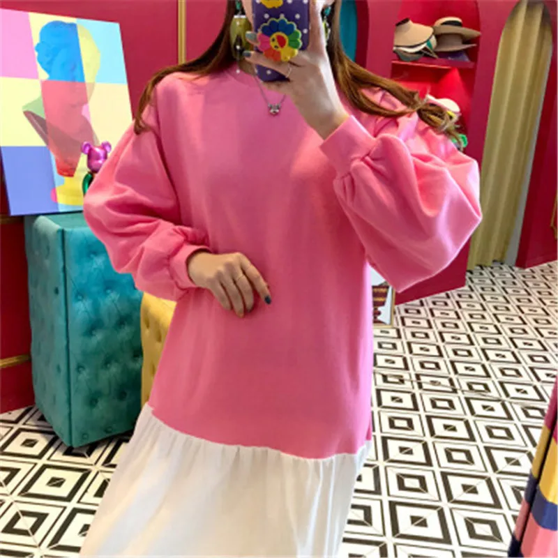 

New 2020 Sweet Patchwork Sweatshirt Dress For Women O-neck Hit Color Plus Velvet Loose Mid-calf Vestidos Femme Winter Fashion