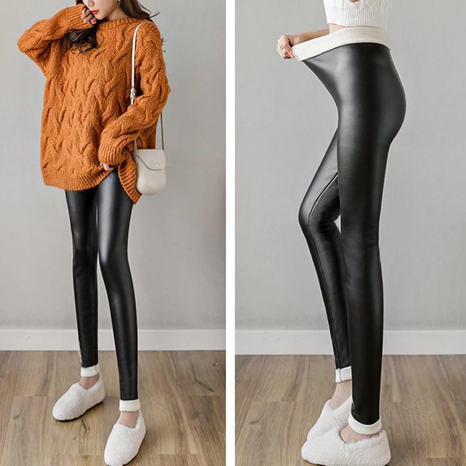 4XL размера плюс, женские зимние Бархатные брюки, черные теплые кожаные леггинсы, женские Сексуальные облегающие леггинсы из искусственной кожи с высокой талией