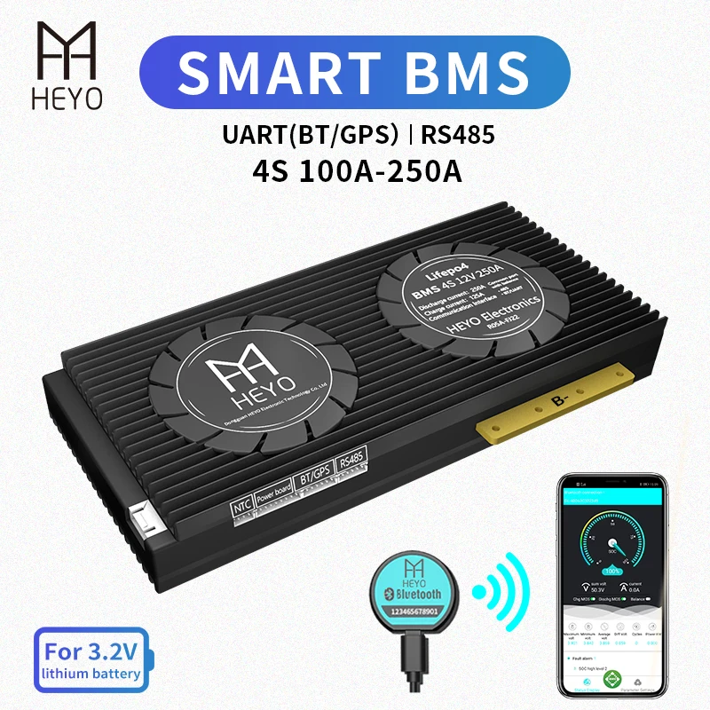 HEYO Smart BMS LiFePO4 4S 12V 100A 120A 150A 200A 250A Bluetooth BT APP GPS UART RS485 USB устройство NTC батарея