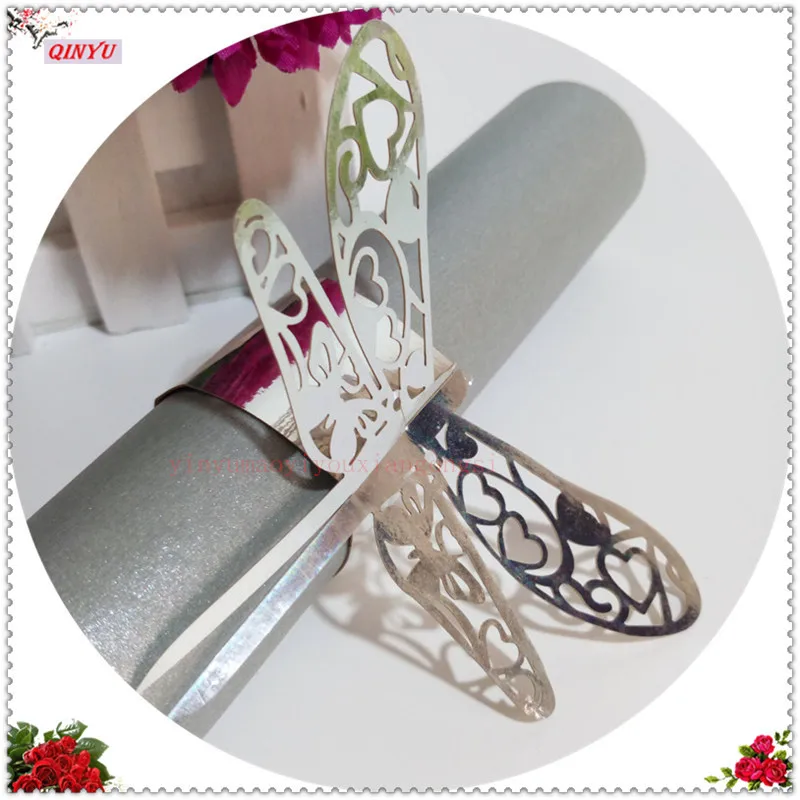 Bright silver Лазерная резка булавка для полотенца Творческий Стрекоза свадебные салфетки пряжка украшение свадебного стола свадебные принадлежности 100 шт 7zSH106 - Цвет: Bright silver