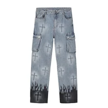 Pantalones vaqueros con estampado de llamas cruzadas para hombre, Jeans Retro lavados de Hip Hop, desgastados, rectos, holgados, 2021