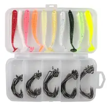 

45% Discounts Hot! 60Pcs T-Tail Artificial Worm Bait Soft Lure + Fish Hooks Fishing Tackle with Box