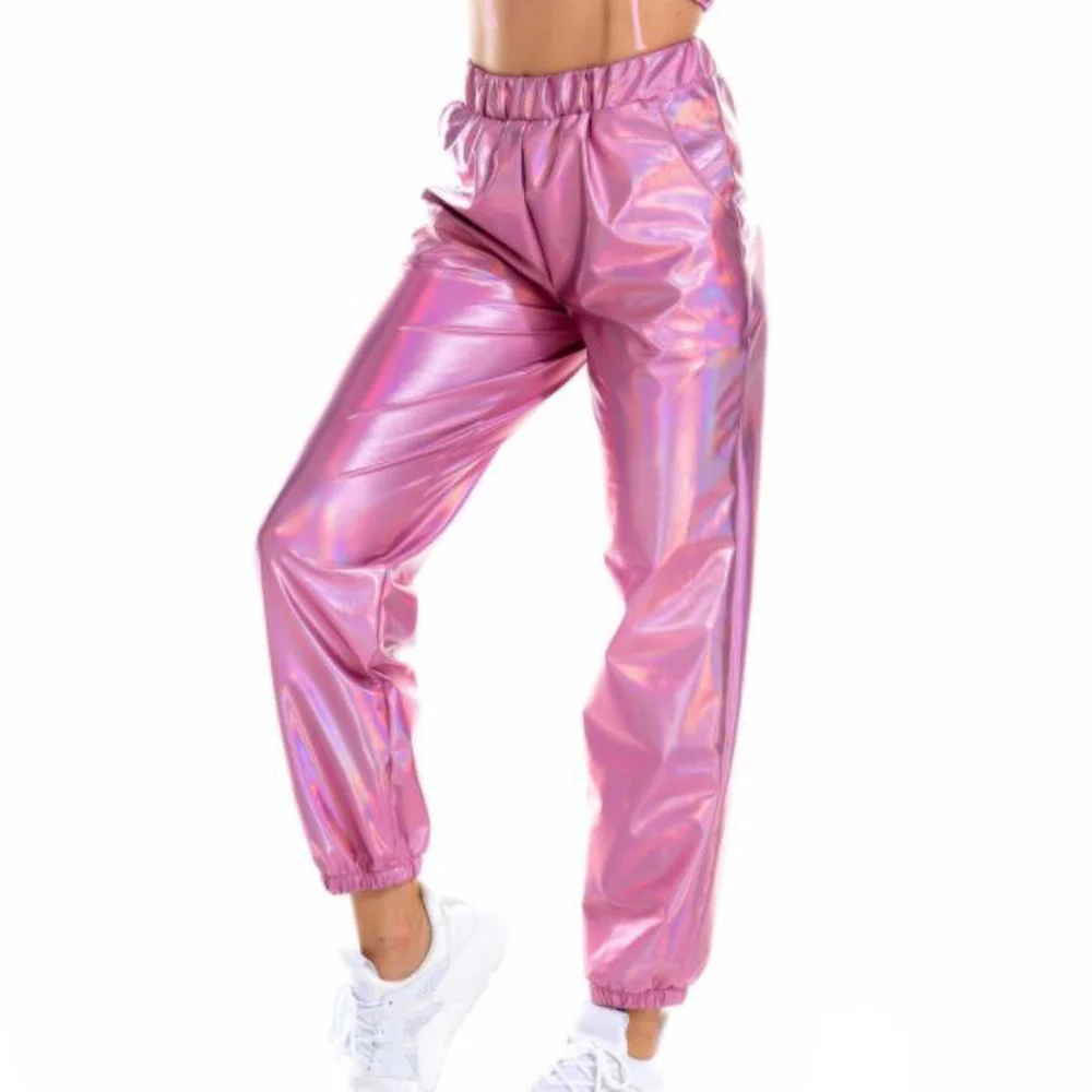 Casual Holographic Jogger Sweatpants Punk Hip Hop Trousers Streetwear Zaxicht Women's Metallic Shinny Pants 