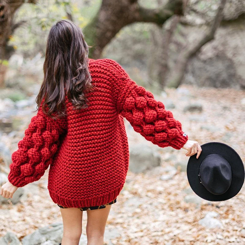 Женский вязаный кардиган с длинным рукавом фонариком на зиму и весну