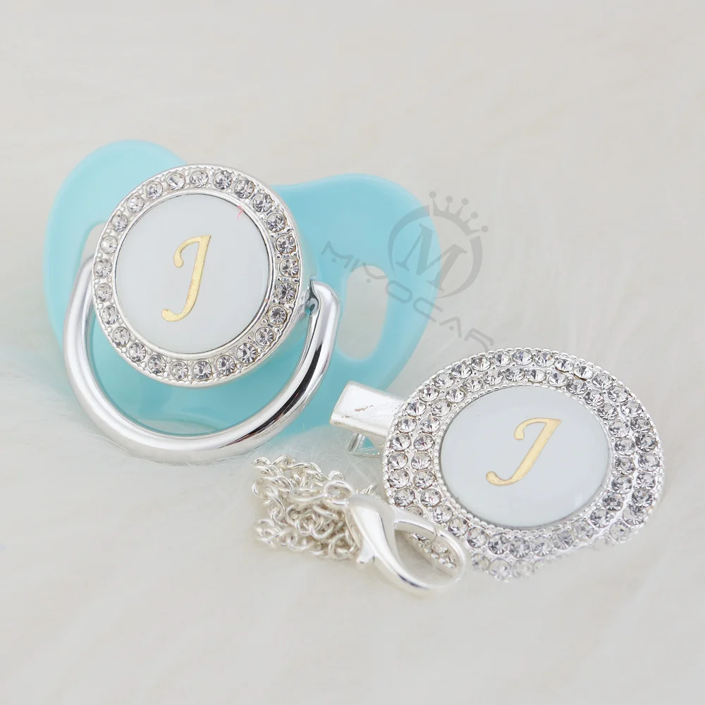 BLING silver bling pacifier and pacifier clip set name Initials letter J unique BPA free dummy bling baby shower gift LJ-1