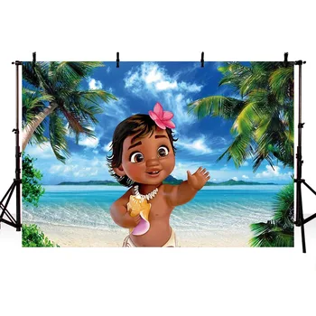 

Cartoon Girls Baby Moana Birthday Background Photo Backdrops Waialiki Maui Party Event Banner Background for Photo Studio