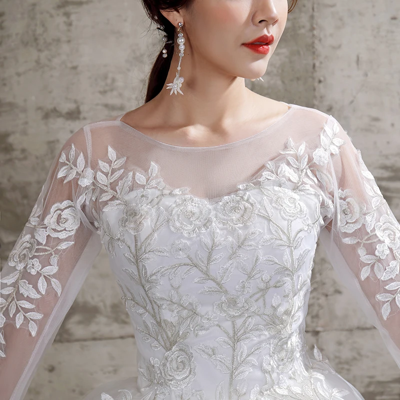 New Summer Korean Light wedding dress Vestidos De Novia off white bride O-neck dream princess simple Long Sleeve Lace appliques dresses for wedding