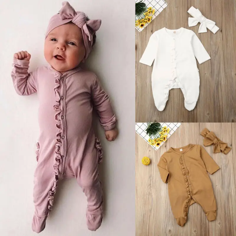 

CANIS Autumn 2PCS Newborn Kids Infant Baby Boy Girl Long Sleeve Cotton Button Romper Jumpsuit Headband Clothes Outfit