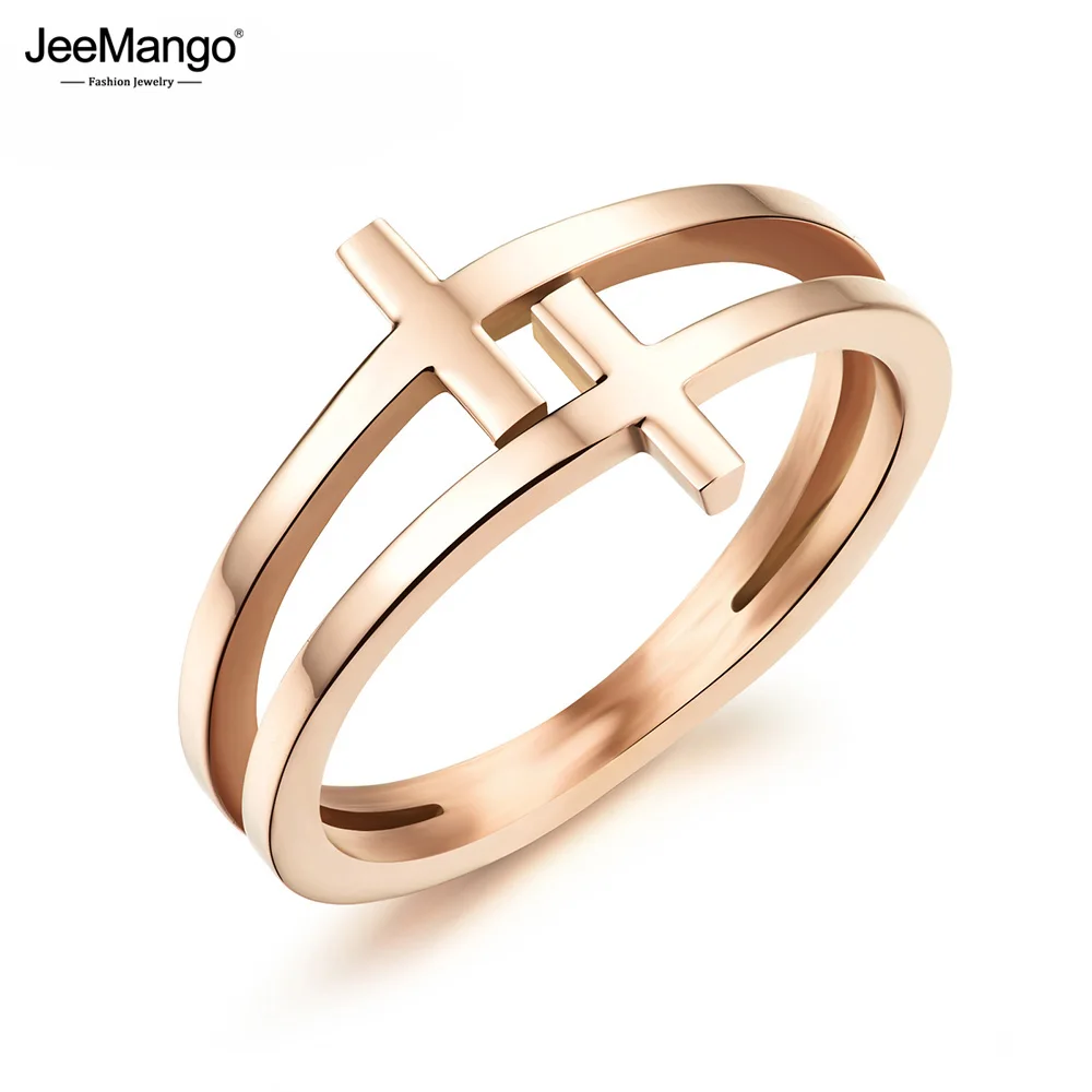 JeeMango розовое золото классический двойной Слои крест Дизайн перстни Мода Кольца