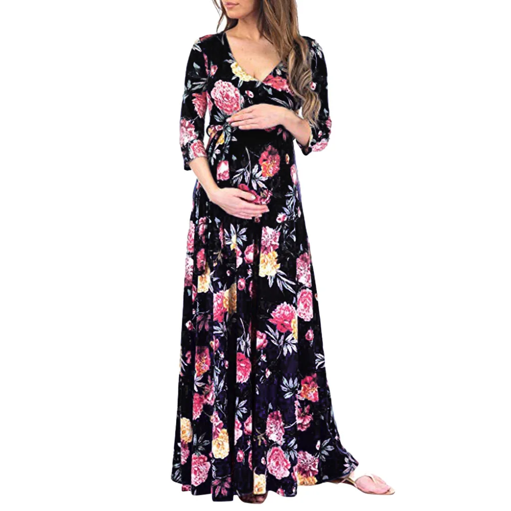 maternity casual v neck color matching frenulum dress