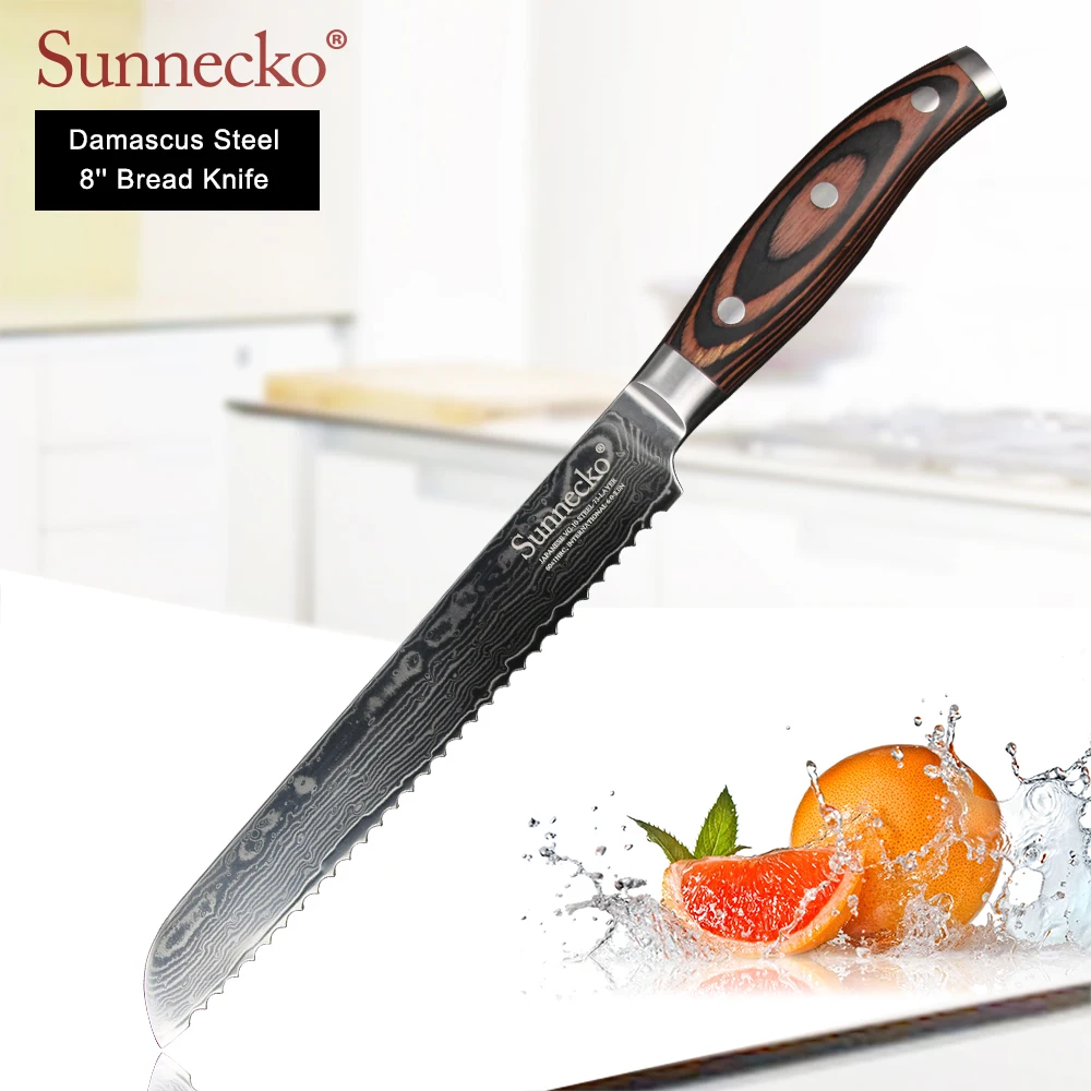 Billige SUNNECKO Damaskus Chef Slicing Utility Schäl Brot Santoku Messer Japanischen VG10 Stahl Klinge Küche Messer Pakka Holz Griff