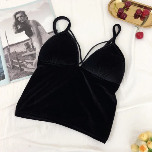 098black Бретели майки Для женщин в Корейском стиле; короткие бархатные слинг с леопардовым принтом Креста с низким вырезом на спине стрейчевая майка, топ бюстгальтер Женские вечерние застежкой-молнией на спине - Цвет: 098black