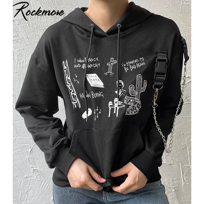 Rockmore с буквенным принтом, худи с цепочками, женские свитшоты размера плюс, Женская Толстовка в стиле панк, готика, худи с длинным рукавом и капюшоном