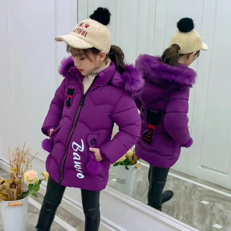 2-13Yrs Kids Winter Parkas Girl Warm Jacket Baby Bow Cat Coat Thick Fur Hooded Christmas Outerwear Kids Winter Clothes-30degree