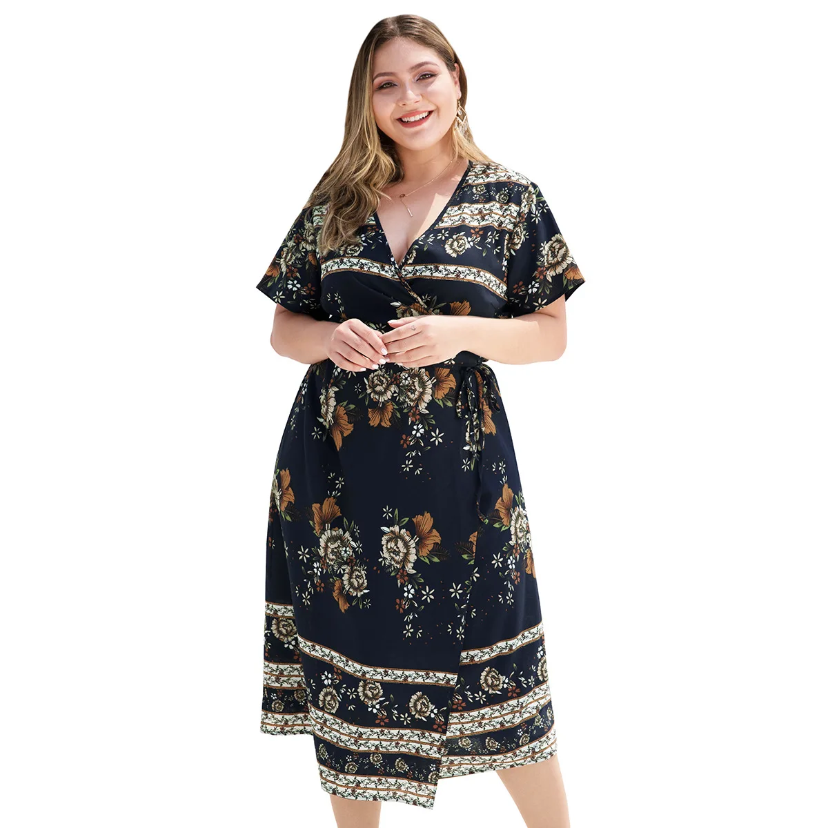 

Original Design Europe And America Cross V-neck High Waist Tie Short Sleeve Split Positioning Printing Large Size Women's Dress