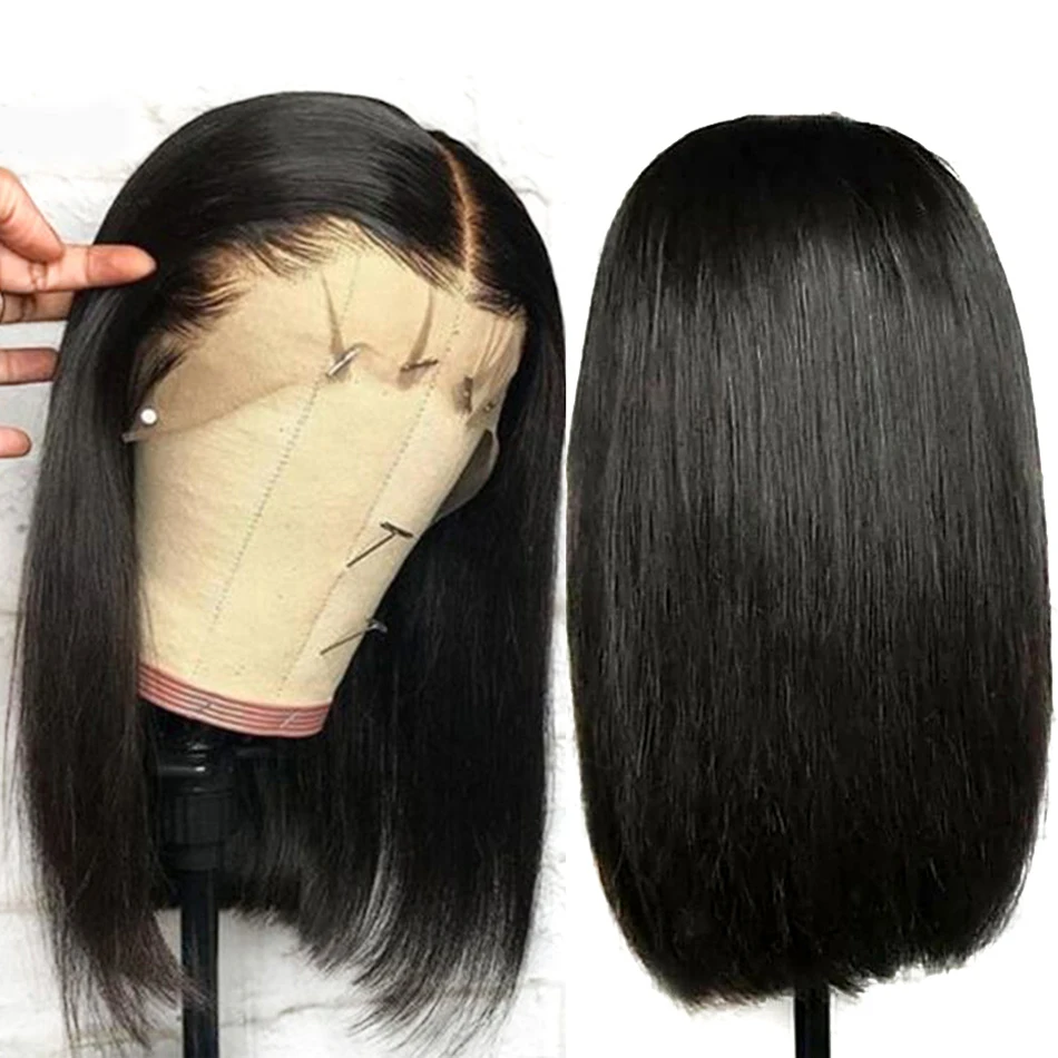 13x4 Синтетические волосы на кружеве парик индийские прямые предварительно вырезанные короткие парики человеческих волос парик короткий парик, короткая стрижка обесцвеченные волосы на ленте для черный Для женщин