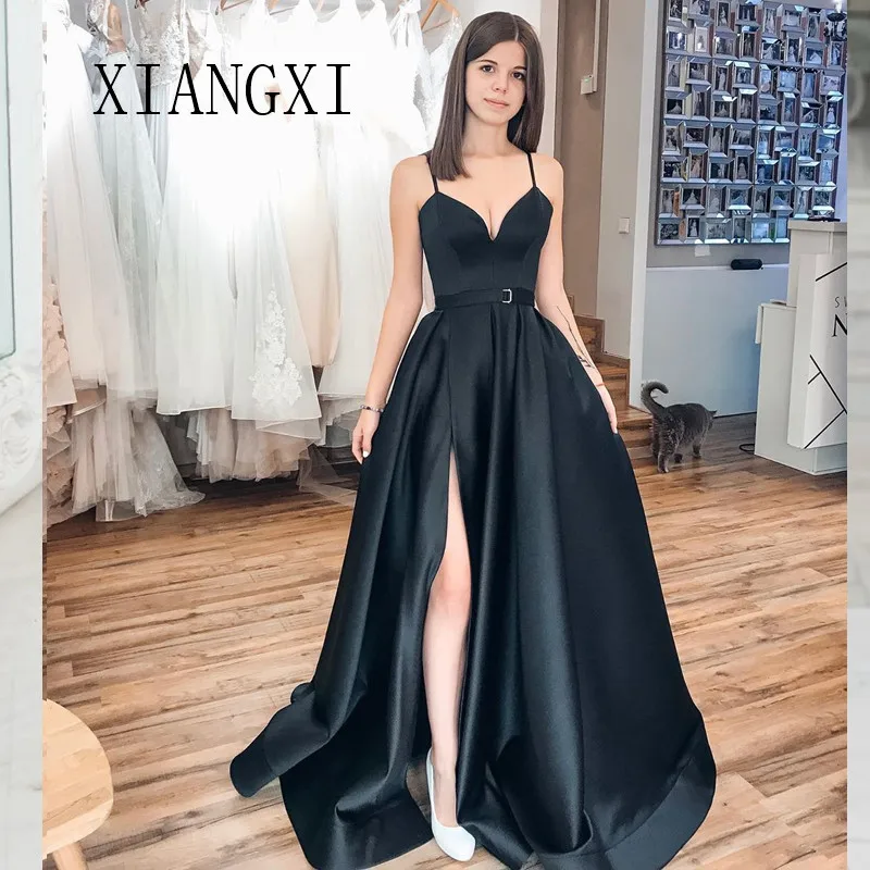 

abendkleider 2020 Black Evening Dresses Long Satin A-Line Slit Red Evening Dress Party Dress Formal Gowns Vestido de festa