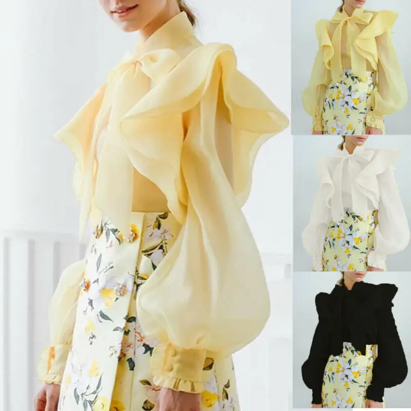 Women Lady Mesh Sheer Long Puff Sleeve Tops Bowknot Blouse Ruffled Buttons Shirt