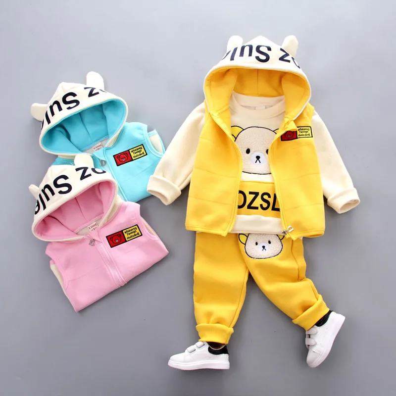 

2019 Winter New Style BOY'S Girls Cartoon Bear Long Sleeve Hoodie Waistcoat Three-piece Set Childrenswear