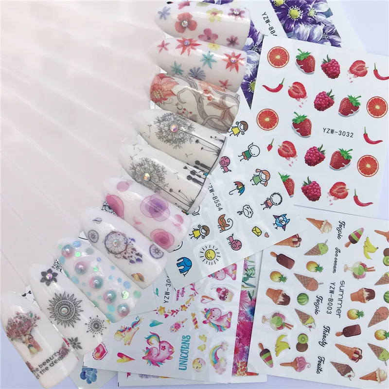 

10pcs nail art sticker flower birds strawberry fruit printing cartoon transfer decoration for nail art water decals FW029