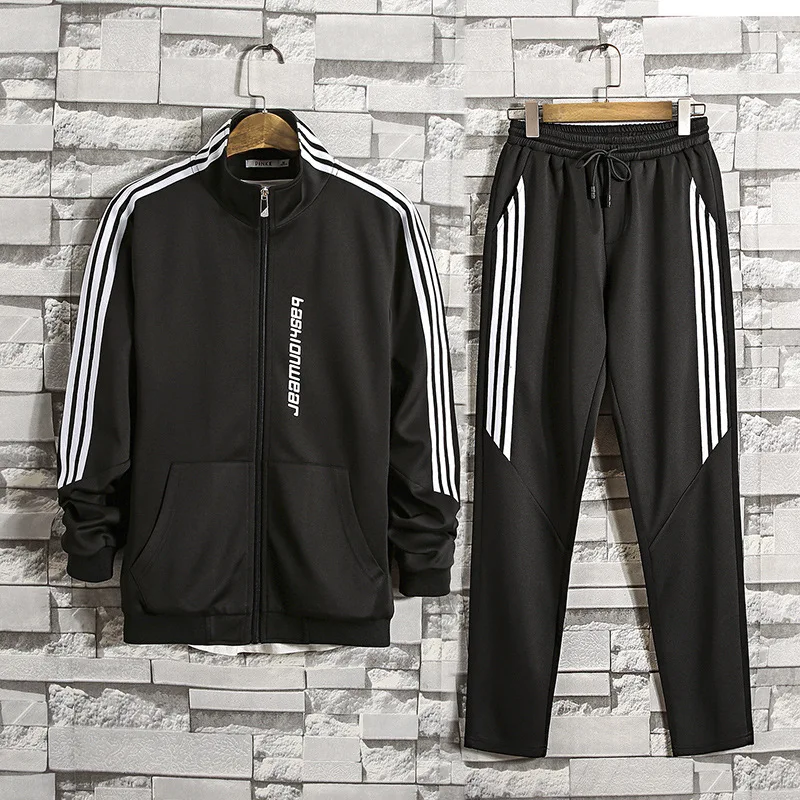 men autumn long sleeve jacket pants 2 piece set sweatsuit male 3 bar stripes gym jogger sport pants men sportswear tracksuit - Цвет: Черный