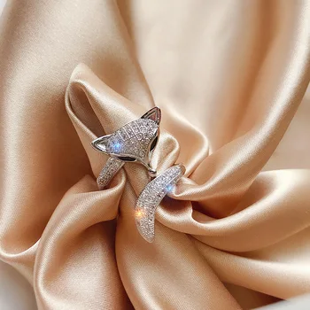 

Luxury Female Black Crystal Stone Ring Silver Color Animal Wedding Rings For Women Cute Bridal Fox Adjustable Engagement Ring