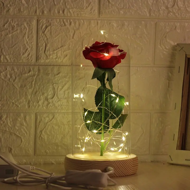 The Best Gift Artificial Rose Flower And USB Powered LED Light String In Glass Dome On Wooden Base For Women