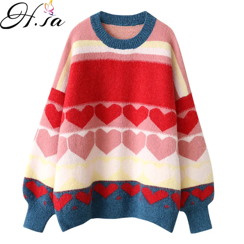 H.SA 2021 Women Winter Sweet Knit Pullovers Heart Printed Casual Jumpers Lantern Sleeve Oversized Kawaii Suter Mujers | Женская одежда