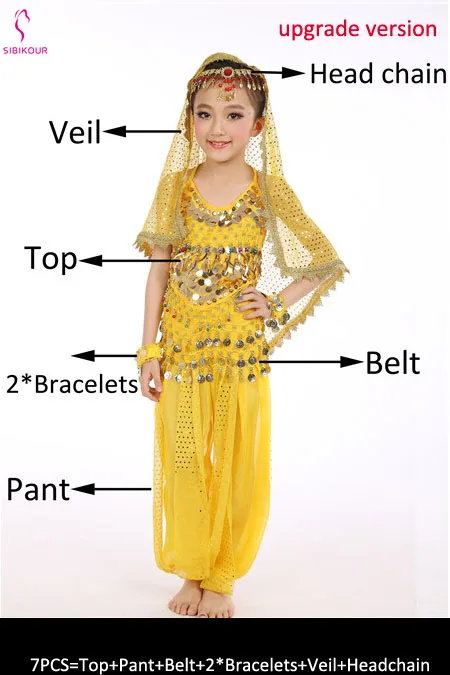 Yellow 7pcs 8 цветов детский набор костюма для танца живота Восточные Танцевальные костюмы для девочек Египетский Болливуд индийский танец живота одежда индия - Цвет: Yellow 7pcs