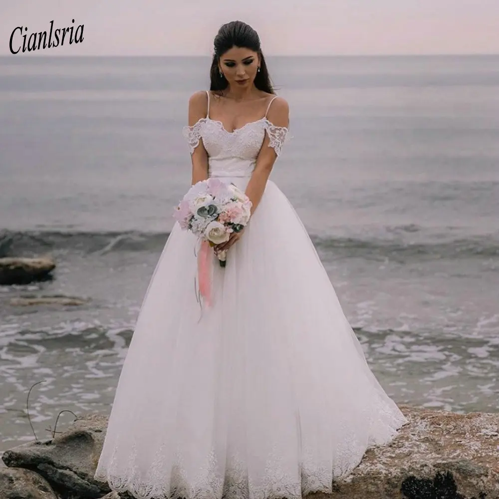 

Newest Spaghetti Straps Short Sleeve A-Line Wedding Dress Sweetheart Appliques Lace Backless Beach Tulle Bridal Wedding Dress