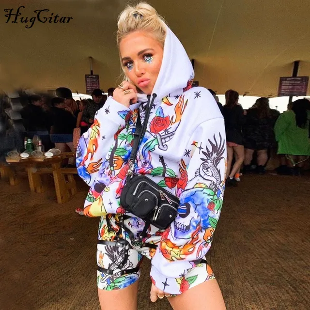 US $15.93 Hugcitar 2019 print hooded long sleeve sweatshirts autumn winter women baggy hoodies fullover stree