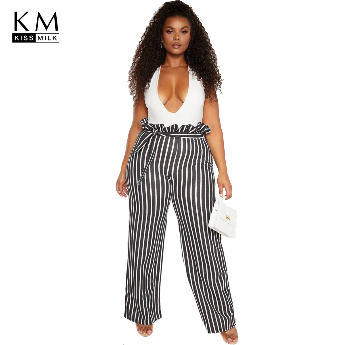 

Kissmilk Plus Size Woman Clothes Simple Commute Ruffle Black Striped High Waisted Wide Leg Trousers