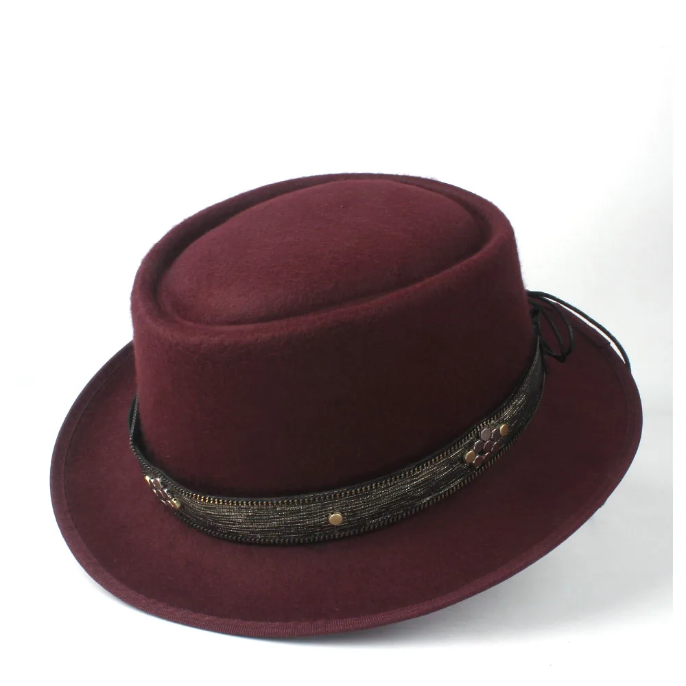Мужская и женская шляпа со свининой, плоская повседневная шляпа, шляпа для церкви, джаза, шерстяная плоская фетровая шляпа в стиле джаз, шляпа-чародей, размер 58 см - Цвет: Wine Red
