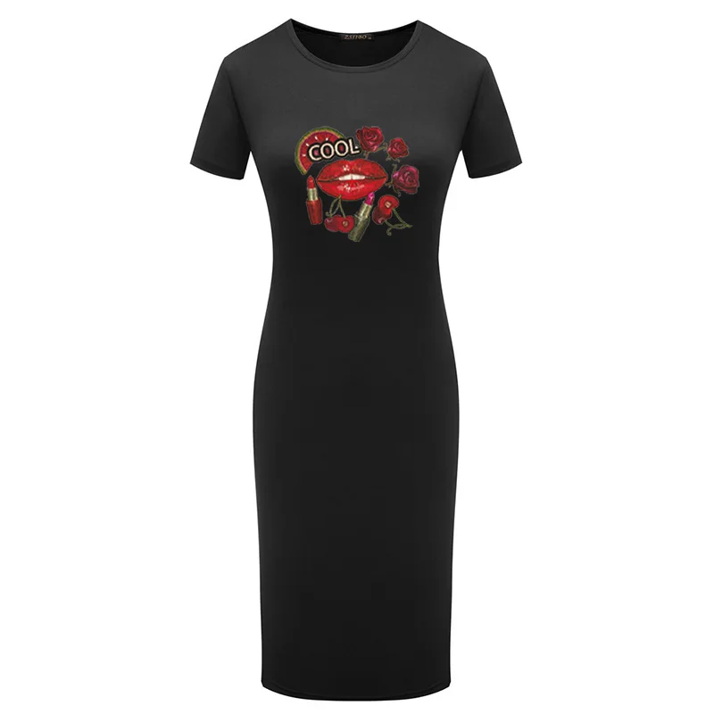 

Flower Lips Print Women Summer Dress Plus Size Woman Sexy Short Sleeve Club Party Dresses Ladies Solid Bodycon Elegant Vestidos