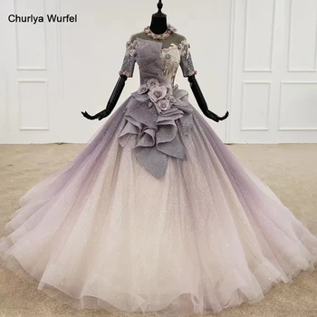 

HTL1121 shiny long evening dress with sleeves o-neck special occasion dress purple and pink formal dress glitter vestido noite