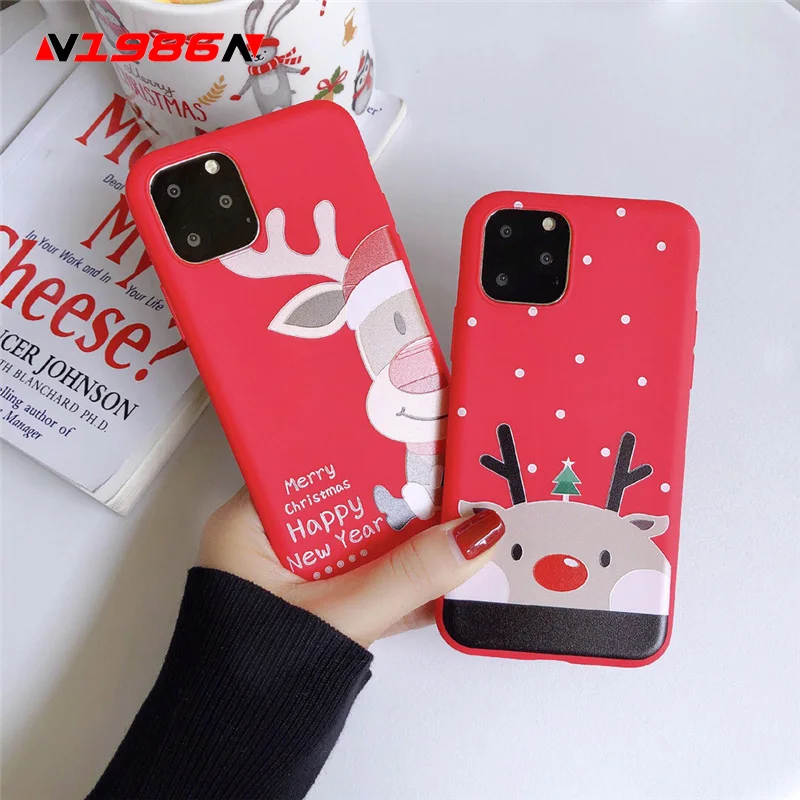 

N1986N For iPhone 11 Pro Max X XR XS Max 6 6s 7 8 Plus Phone Case Cute Cartoon Christmas Elk Santa Claus Snowman Soft TPU Cover