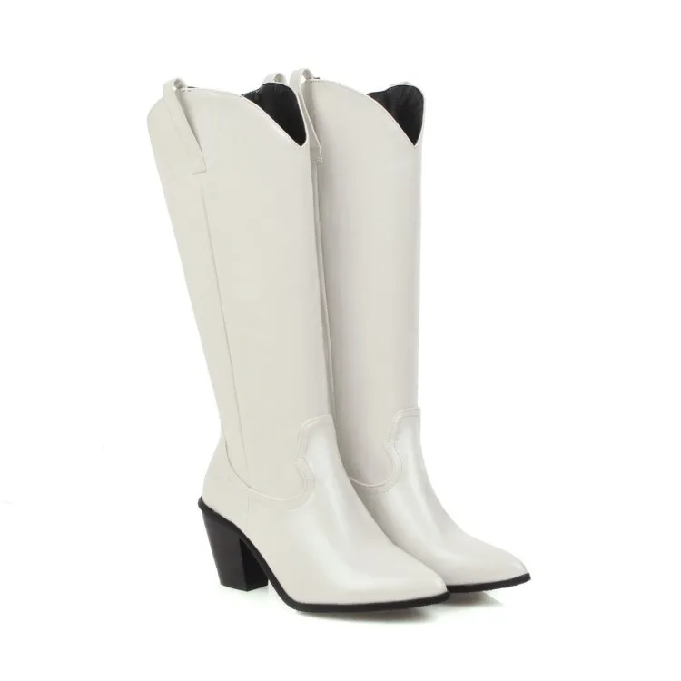 Leather Embossed Microfiber Leather Women Boots Pointed Toe Western Cowboy Boots Women Mid-calf Chunky Wedges Boots Runway