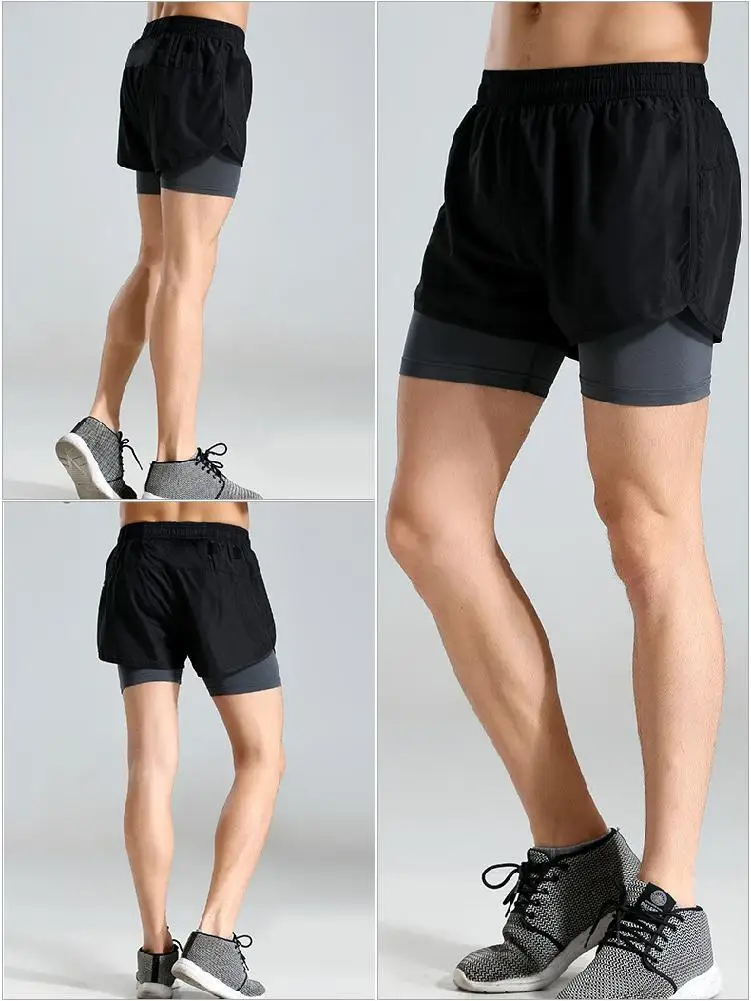 HiMISS мужские летние шорты из двух частей, эластичные быстросохнущие шорты для фитнеса, облегающие эластичные шорты для йоги