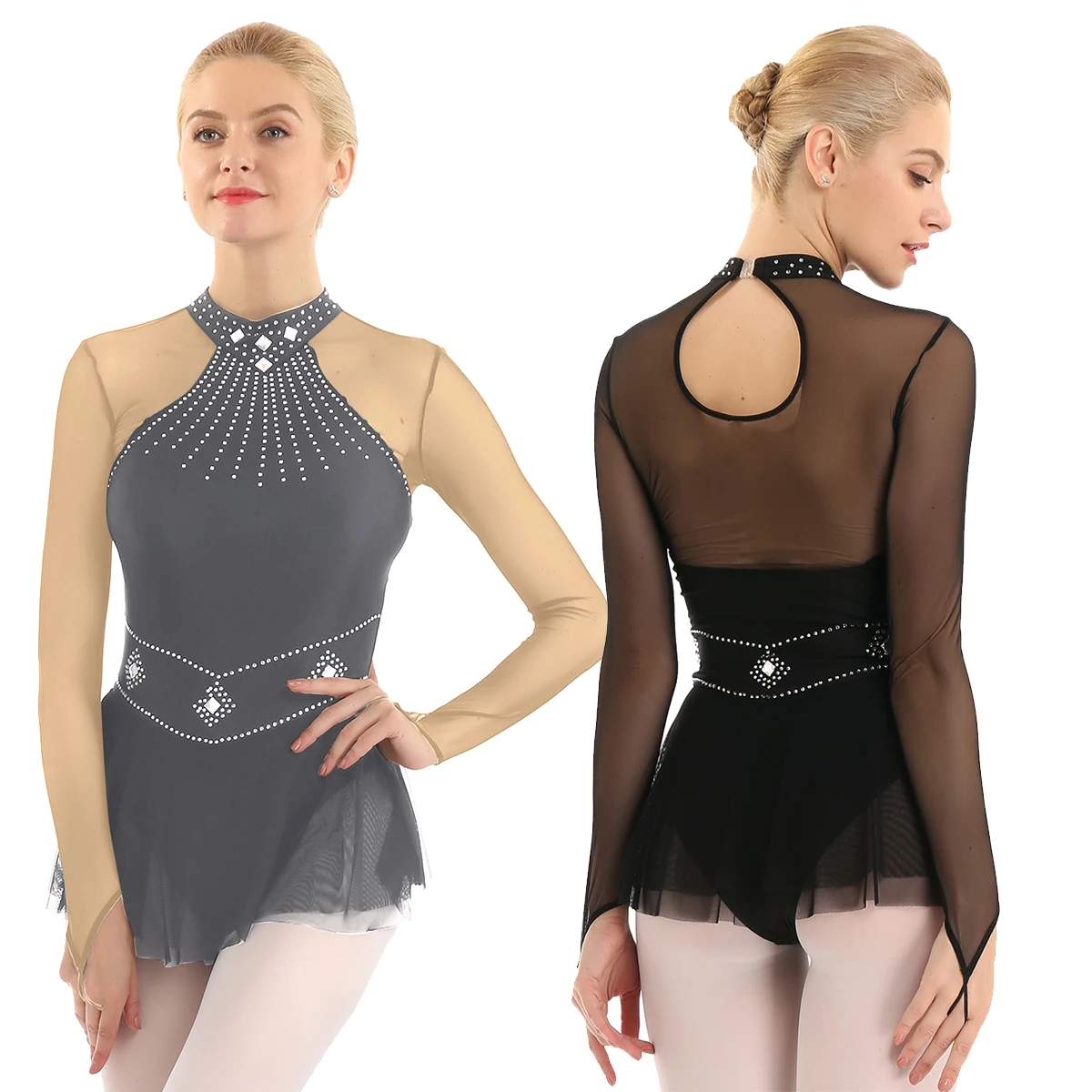 Adult Shiny Rhinestones Long Sleeve Mesh Splice Ballet Gymnastics Leotard Women Figure Skating Dress Competition Dance Costumes