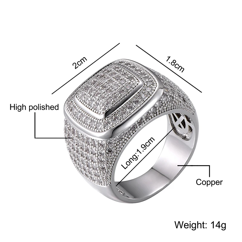 Iced Out Bling полное CZ Очарование Tready квадратное медное циркониевое кольцо для мужчин и женщин хип-хоп ювелирные изделия золото серебро Размер 8-11