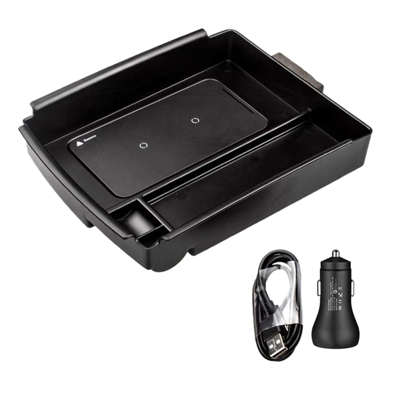

Wireless Qi Phone Charger Organizer Box with Cup Holder and Type-C Cable, Center Console Storage Tray Charger Pad Accessory for