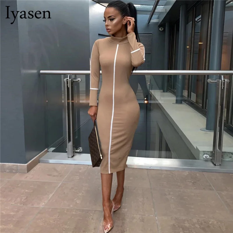 

Casual Slim Bodycon Women Long Dress Fashion Full Sleeve Striped Patchwork Midi Dresses Elegant Turtleneck Ladies Skinny Dresses