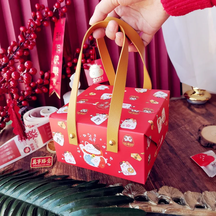10PCS Happy lucky Cat Portable Paper Box Baking Tea Box Red Leather Handle box Wedding birthday gift holiday packaging Handbag