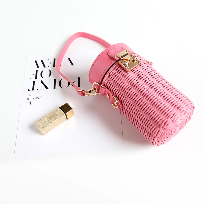 

Manual Rattan Woven Bag Summer Straw Bag Hand-held Messenger Bag Bucket Bag Seaside Resort 2020 Blue Pink Handbag